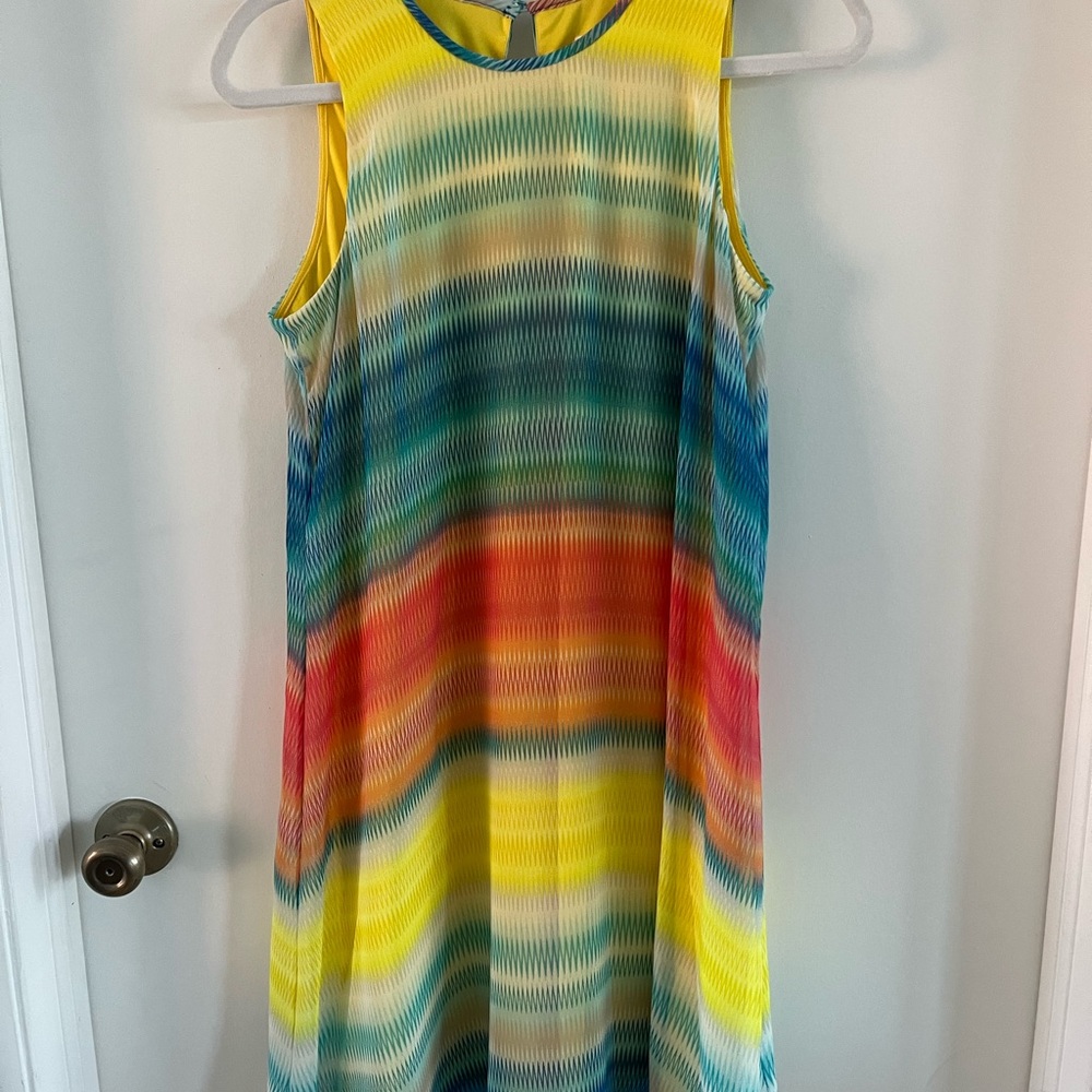 Calvin Klein size 8 summer dress. Yellow, orange, blue, green, and tan.